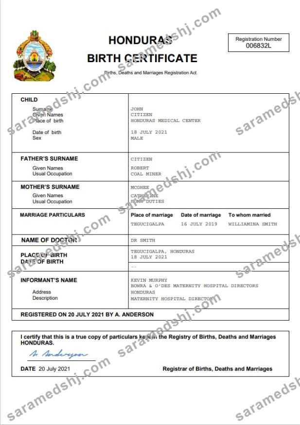 Honduras birth certificate Word and PDF template